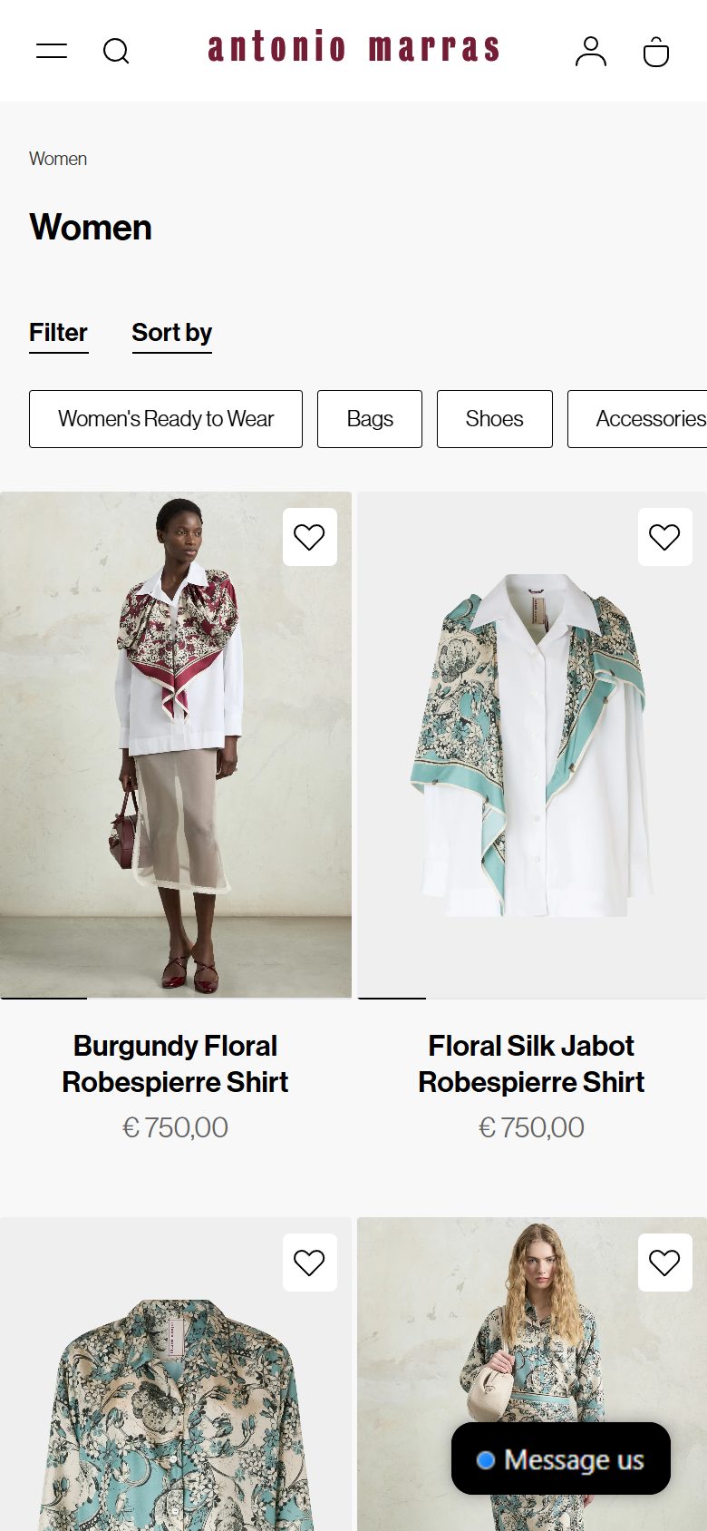 Antonio Marras collection: 01-0-woman on mobile, Shopify luxury fashion storefront captured at 390 x 844