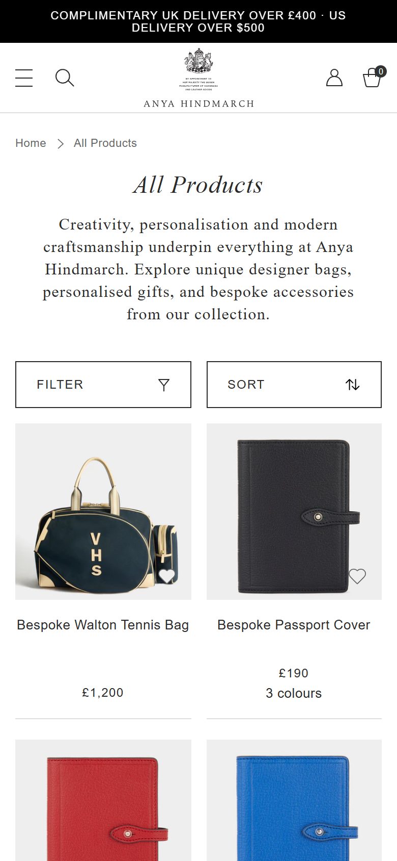 Anya Hindmarch collection: all products on mobile, Shopify luxury leather goods storefront captured at 390 x 844