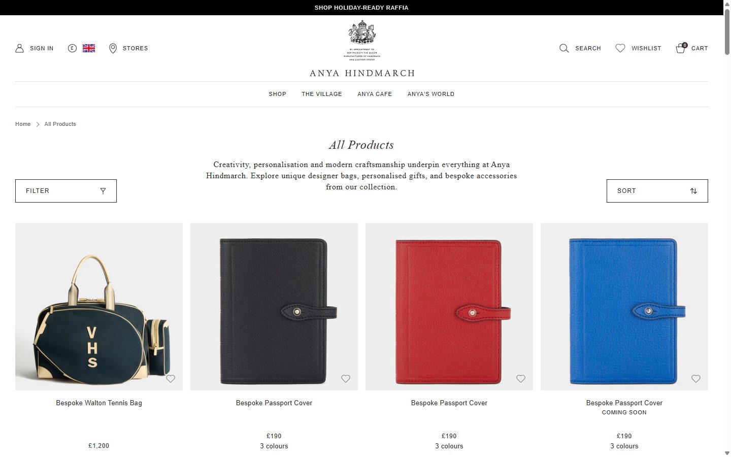 Anya Hindmarch collection: all products on desktop, Shopify luxury leather goods storefront captured at 1440 x 900