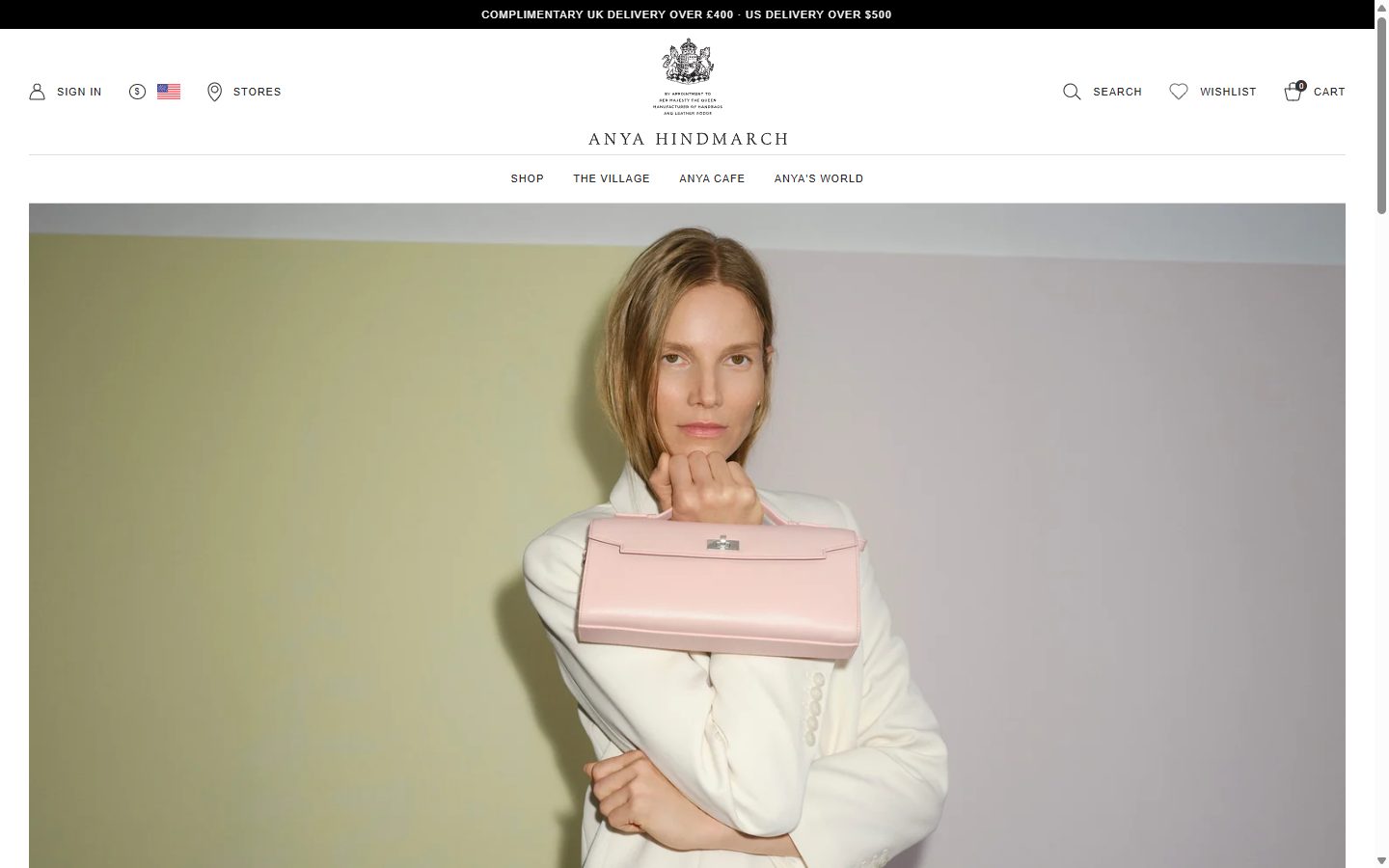 Anya Hindmarch homepage on desktop, Shopify luxury leather goods storefront captured at 1440 x 900