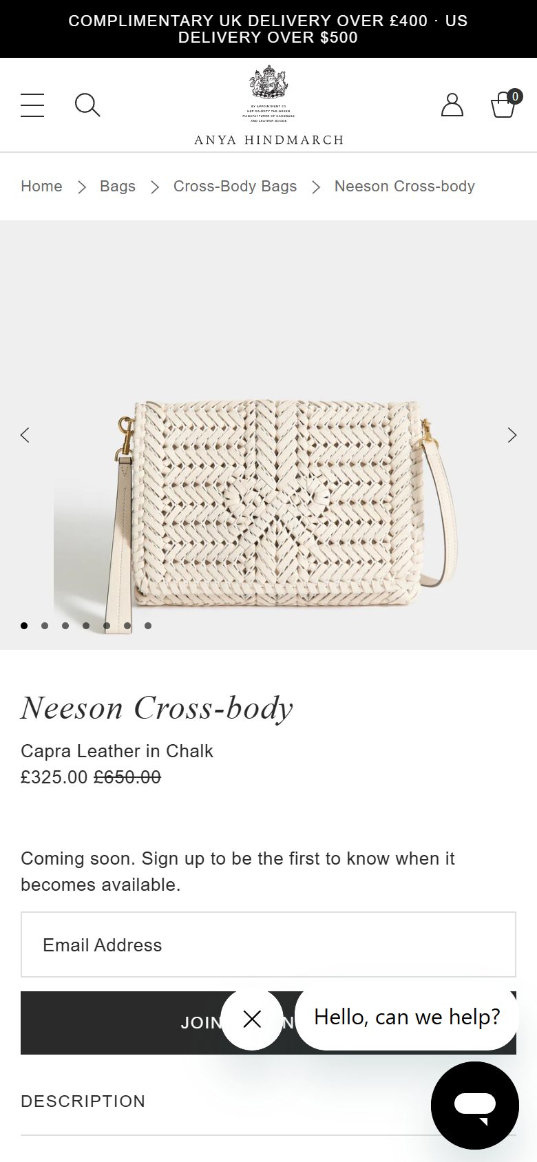Anya Hindmarch product page on mobile, Shopify luxury leather goods storefront captured at 390 x 844