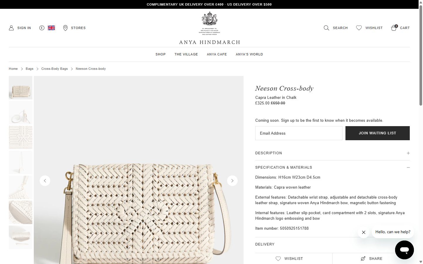 Anya Hindmarch product page on desktop, Shopify luxury leather goods storefront captured at 1440 x 900