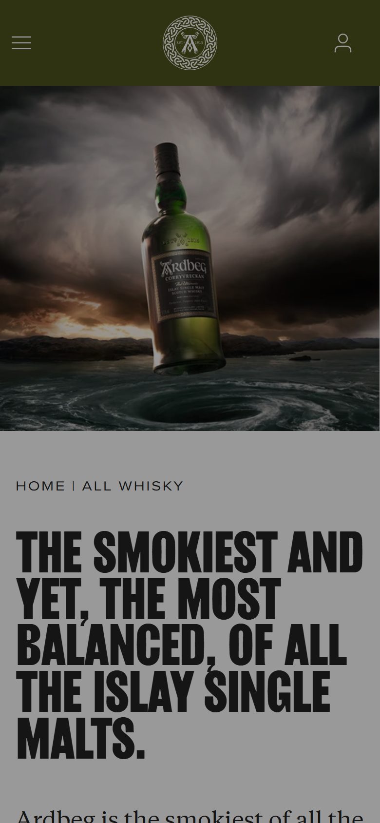 Ardbeg collection: all whisky on mobile, not disclosed luxury drinks storefront captured at 390 x 844