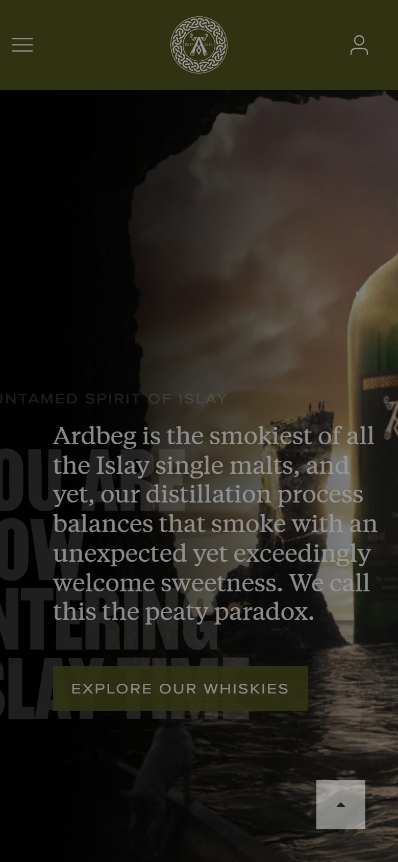 Ardbeg homepage on mobile, not disclosed luxury drinks storefront captured at 390 x 844