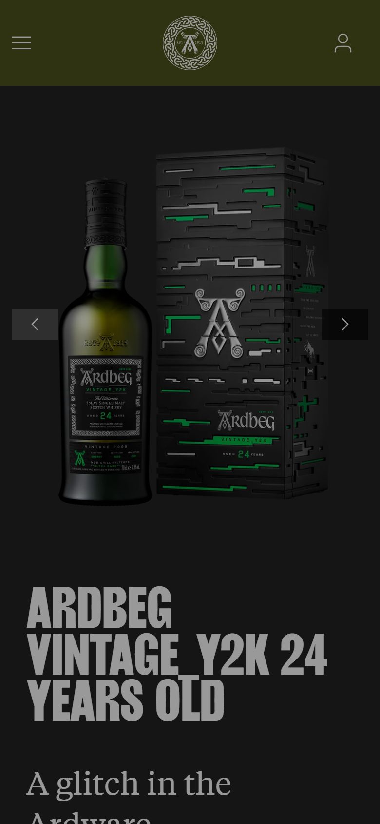Ardbeg product page on mobile, not disclosed luxury drinks storefront captured at 390 x 844