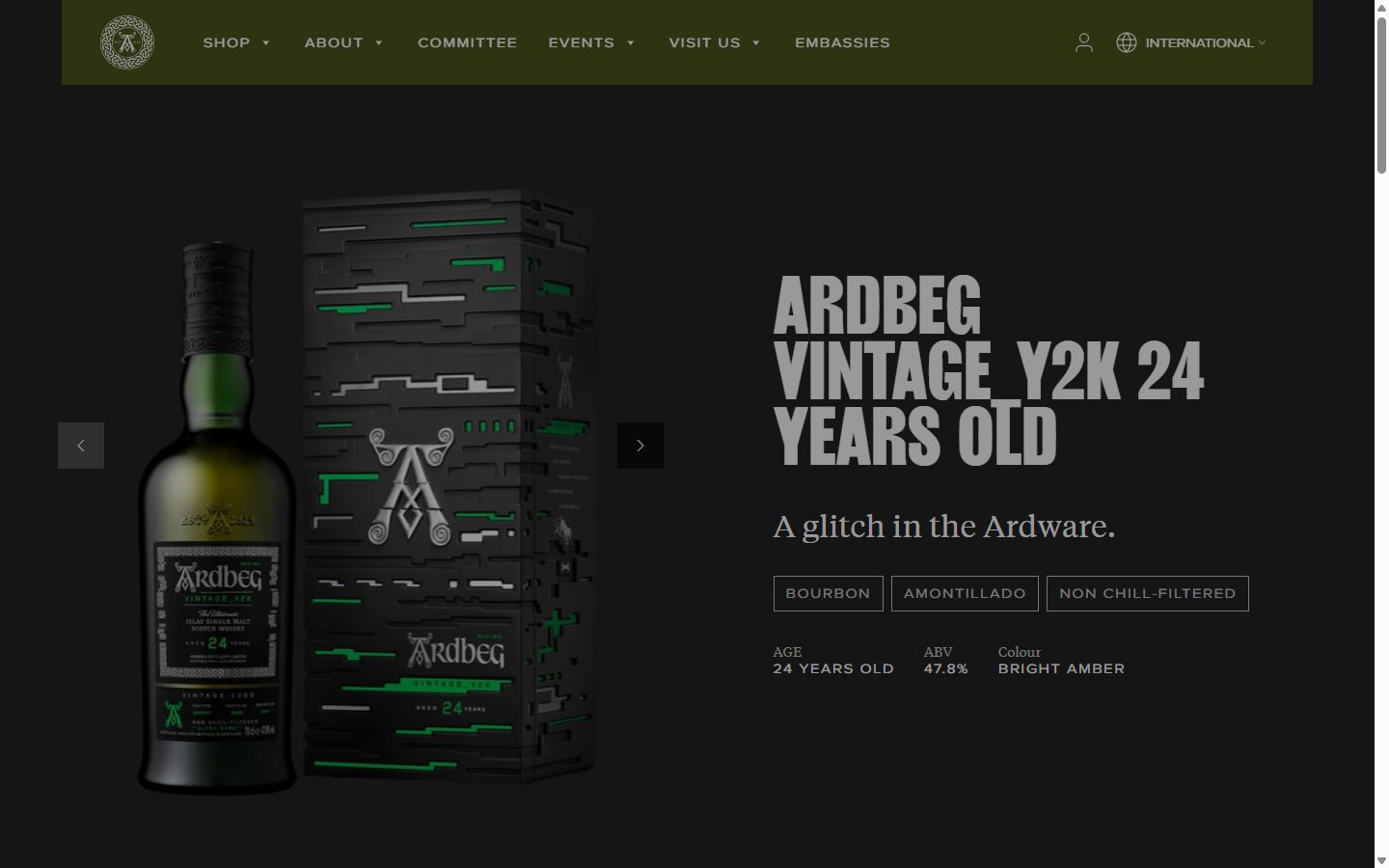 Ardbeg product page on desktop, not disclosed luxury drinks storefront captured at 1440 x 900
