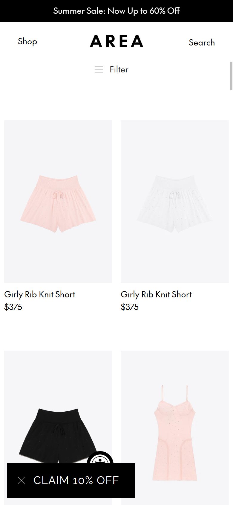 Area collection: $250 to $500 on mobile, Shopify luxury fashion storefront captured at 390 x 844