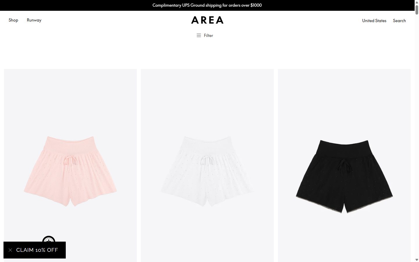 Area collection: $250 to $500 on desktop, Shopify luxury fashion storefront captured at 1440 x 900