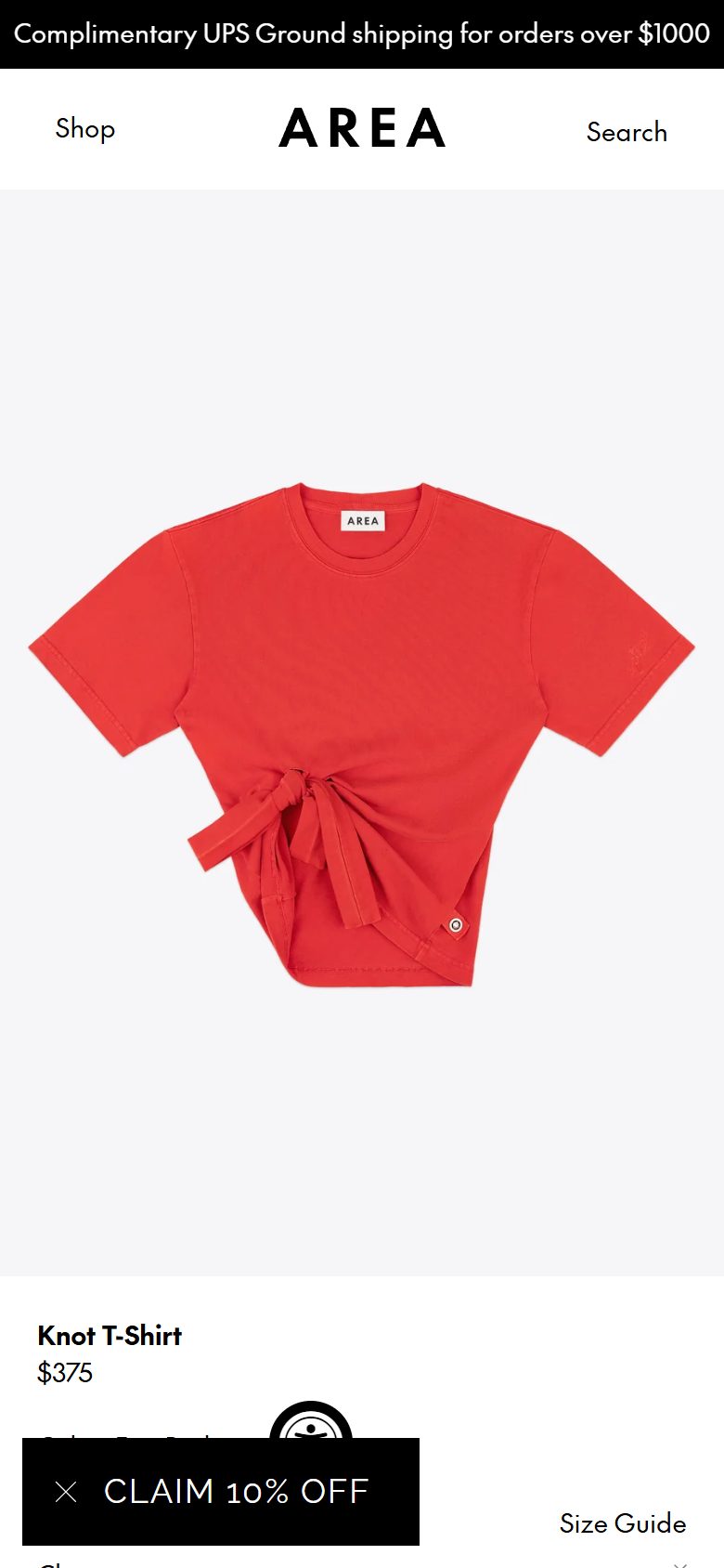 Area product page on mobile, Shopify luxury fashion storefront captured at 390 x 844