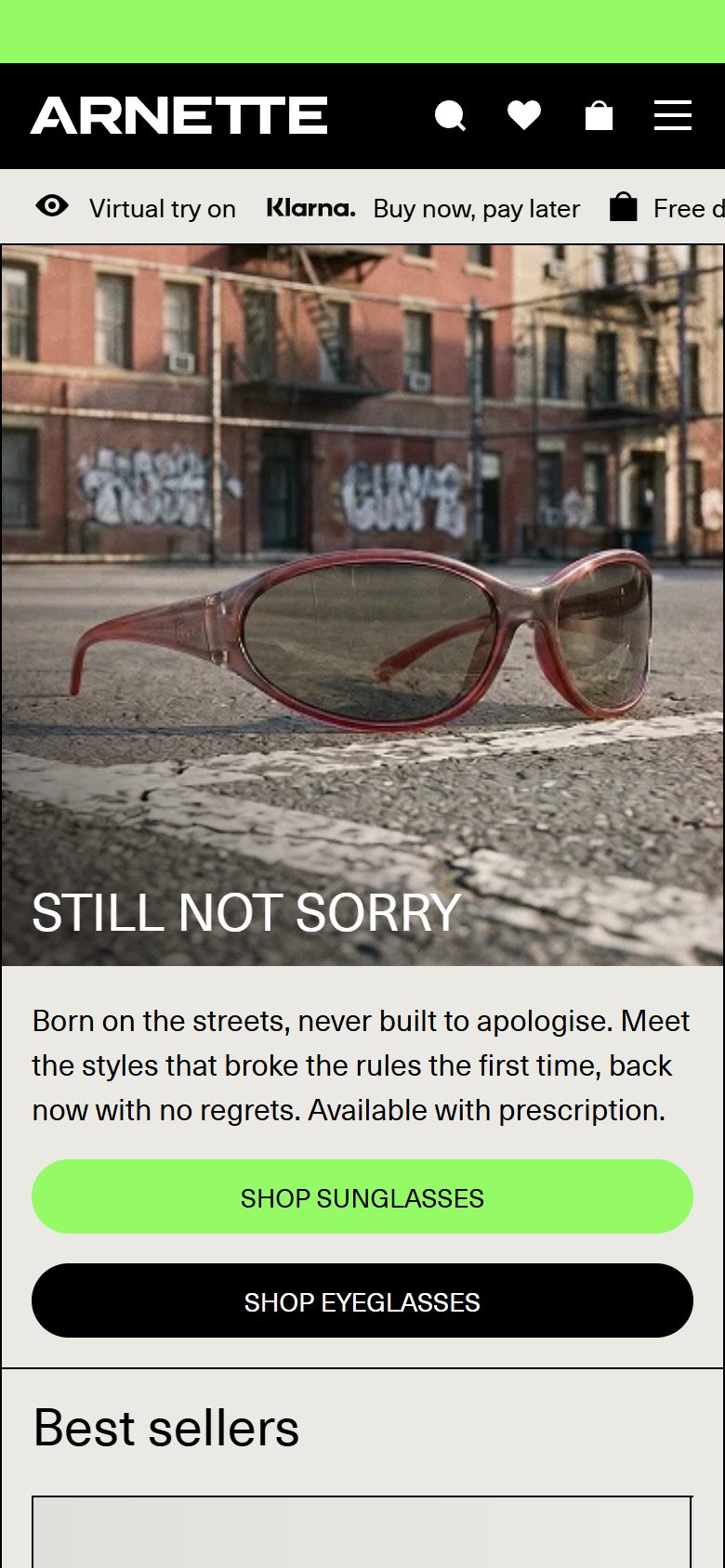 Arnette homepage on mobile, Shopify luxury eyewear storefront captured at 390 x 844