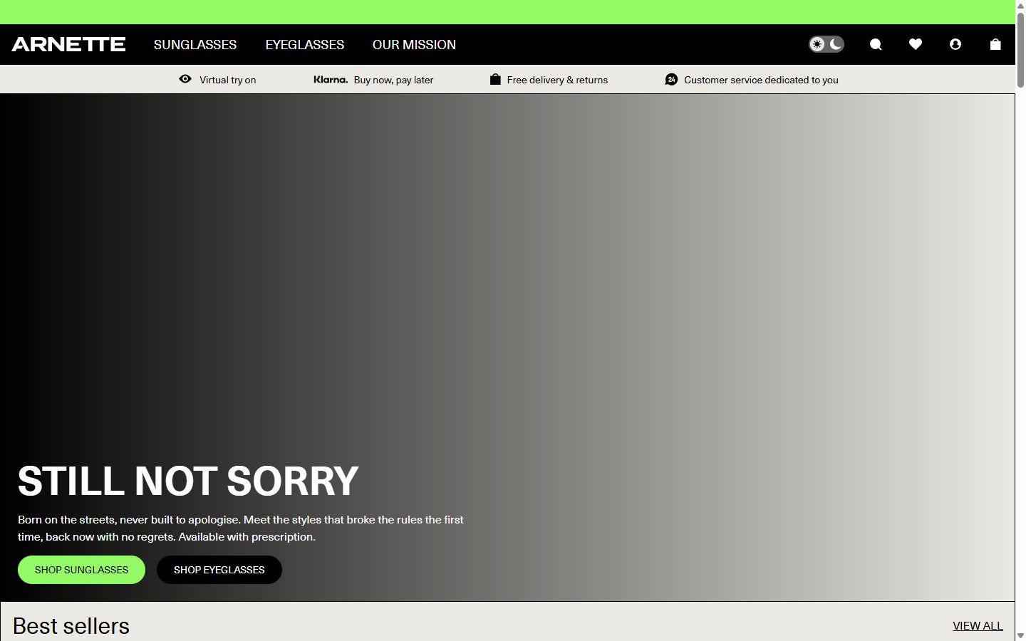 Arnette homepage on desktop, Shopify luxury eyewear storefront captured at 1440 x 900
