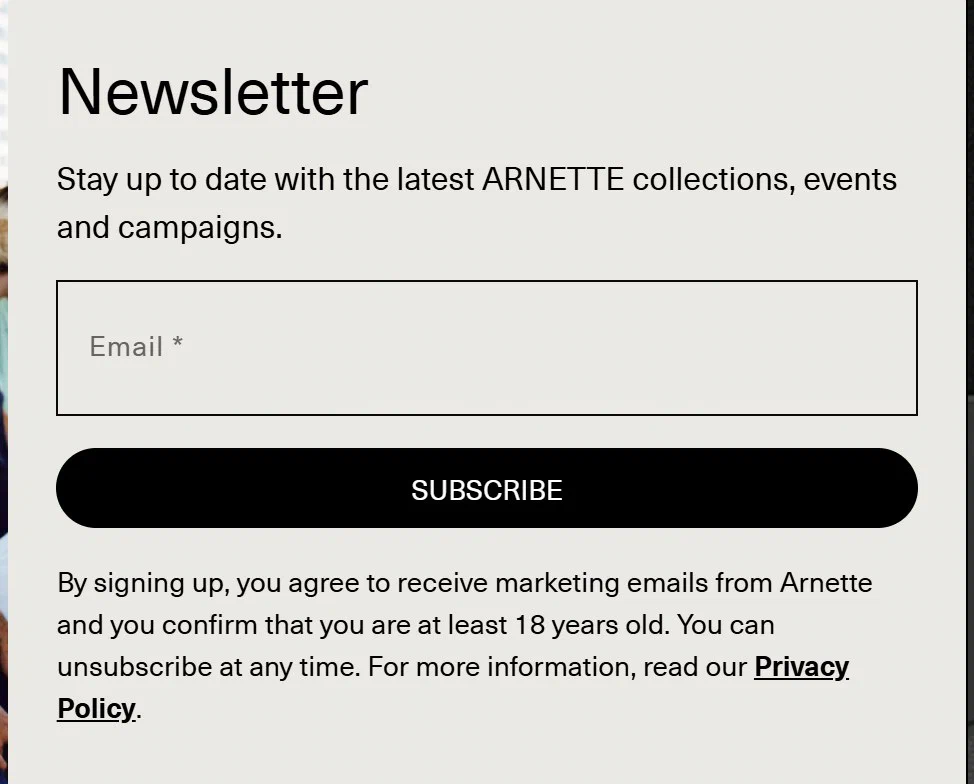 Arnette email sign up popup, centred centre