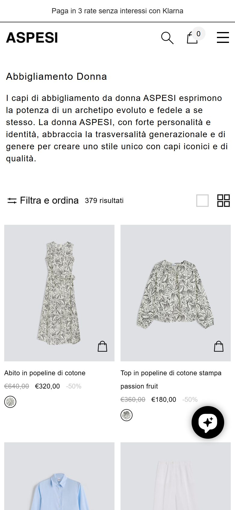 Aspesi collection: abbigliamento donna on mobile, Shopify luxury fashion storefront captured at 390 x 844