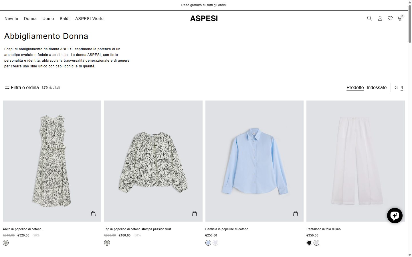 Aspesi collection: abbigliamento donna on desktop, Shopify luxury fashion storefront captured at 1440 x 900