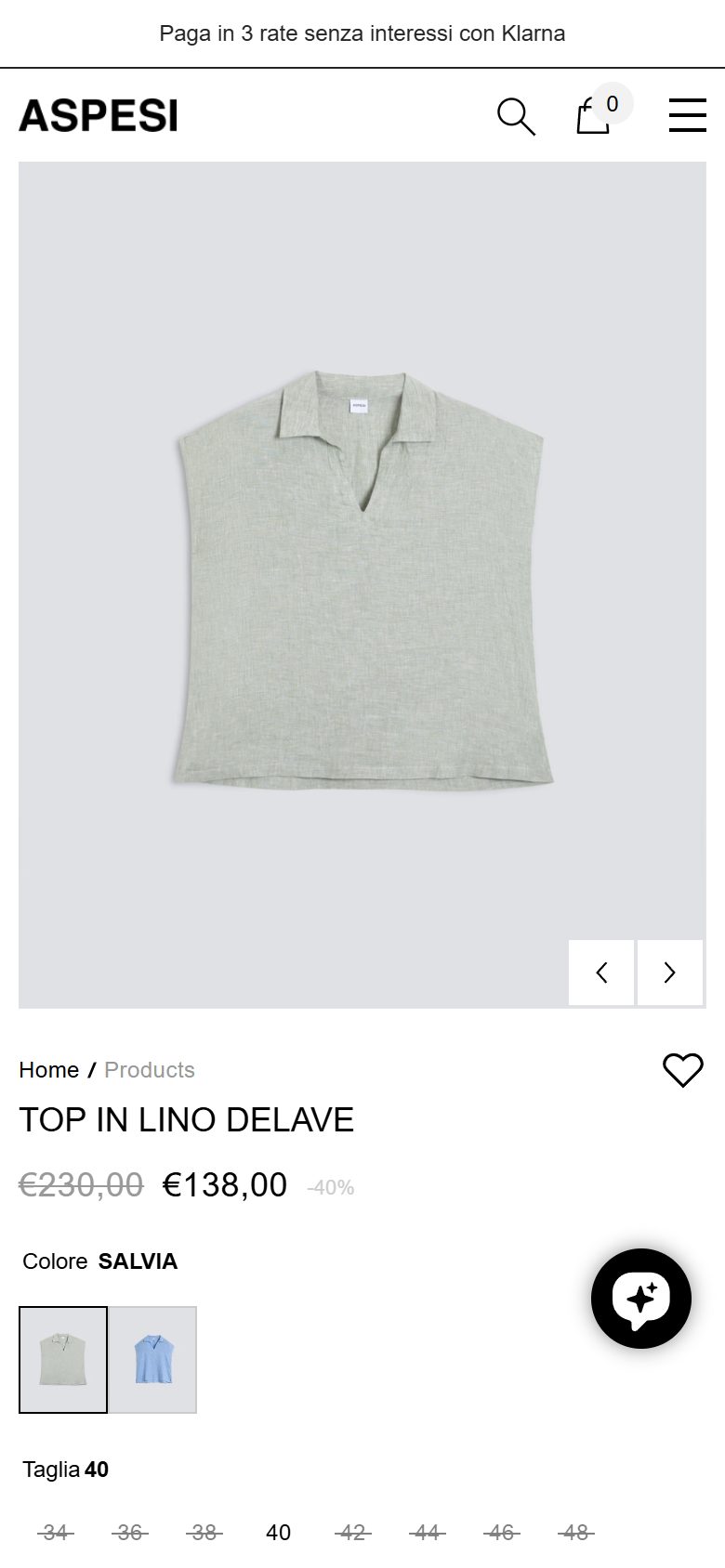 Aspesi product page on mobile, Shopify luxury fashion storefront captured at 390 x 844