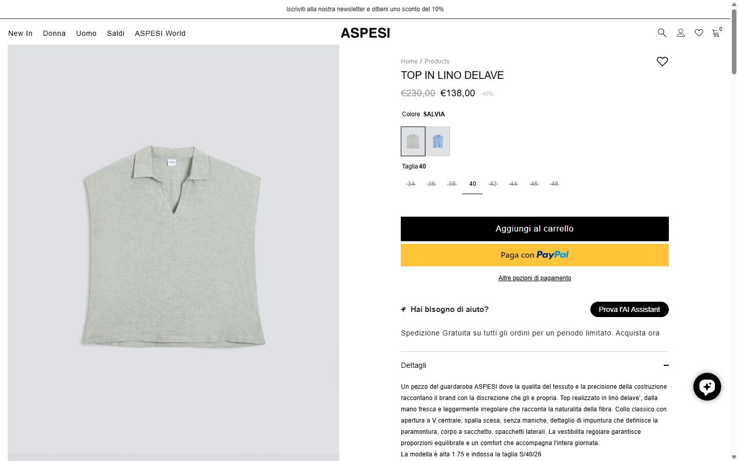 Aspesi product page on desktop, Shopify luxury fashion storefront captured at 1440 x 900