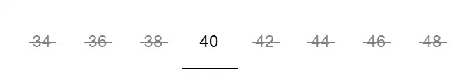 Aspesi size selector photographed on its product page, 8 values as a radio list with text labels