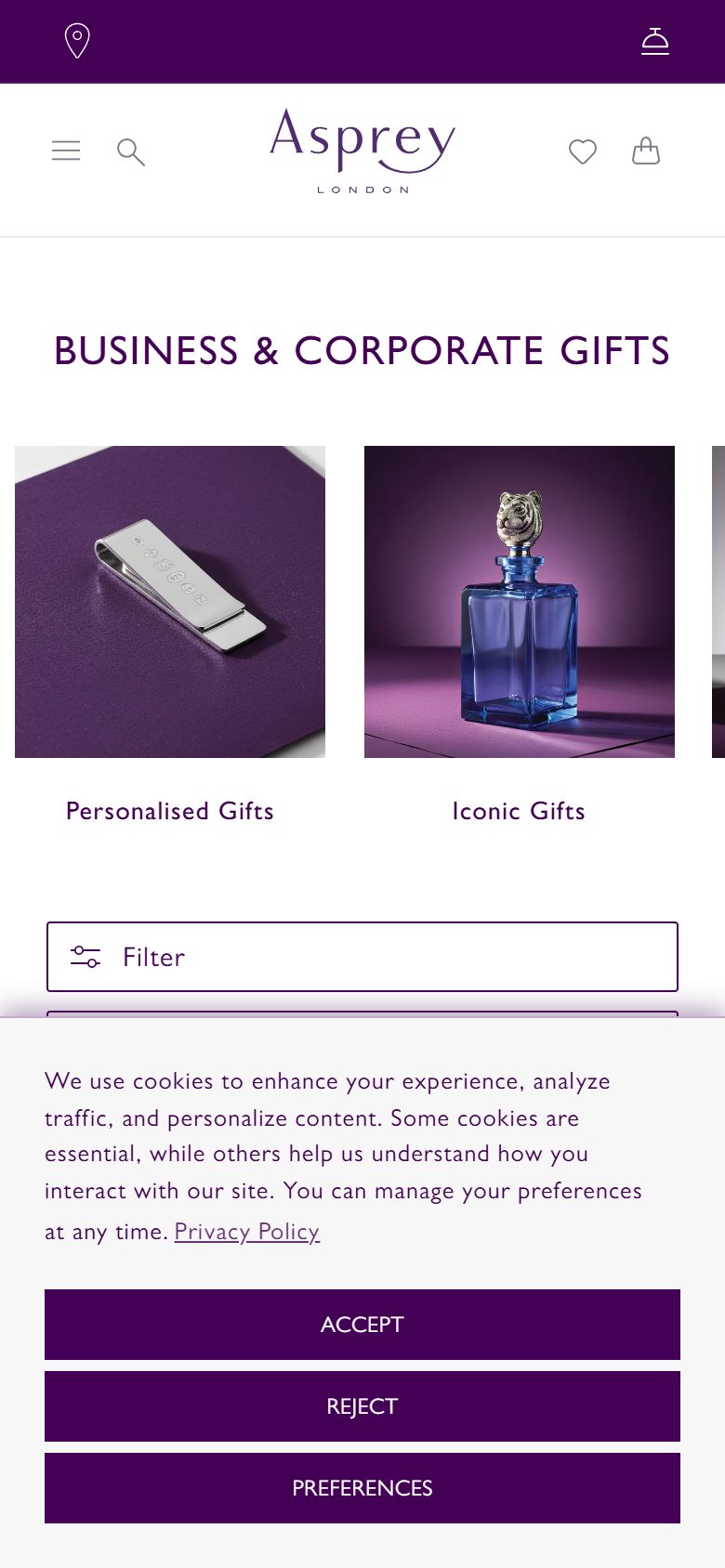 Asprey collection: business & corporate gifts on mobile, Shopify luxury jewelry storefront captured at 390 x 844