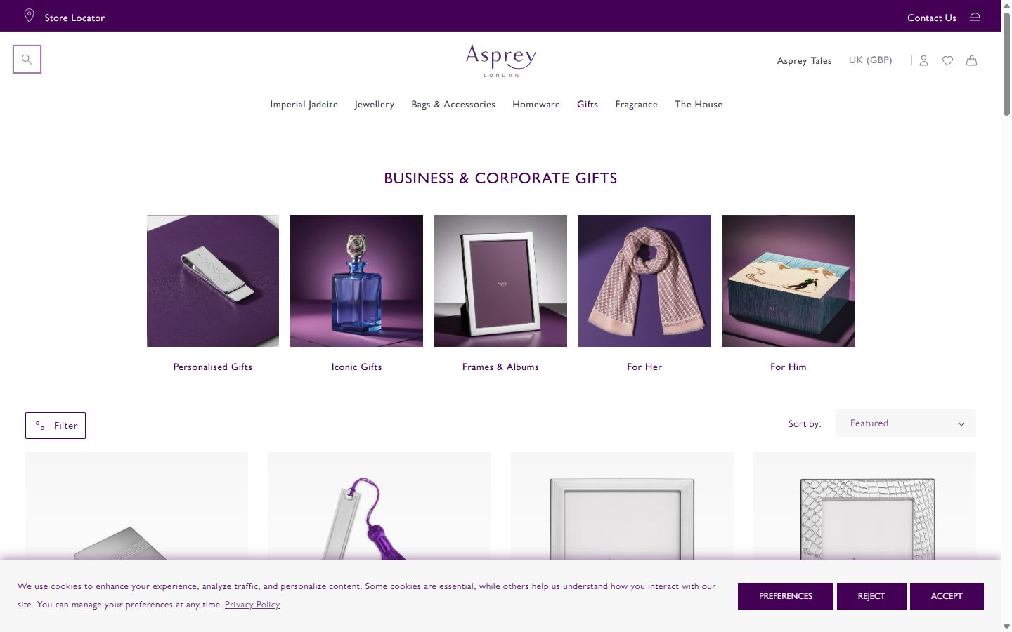 Asprey collection: business & corporate gifts on desktop, Shopify luxury jewelry storefront captured at 1440 x 900