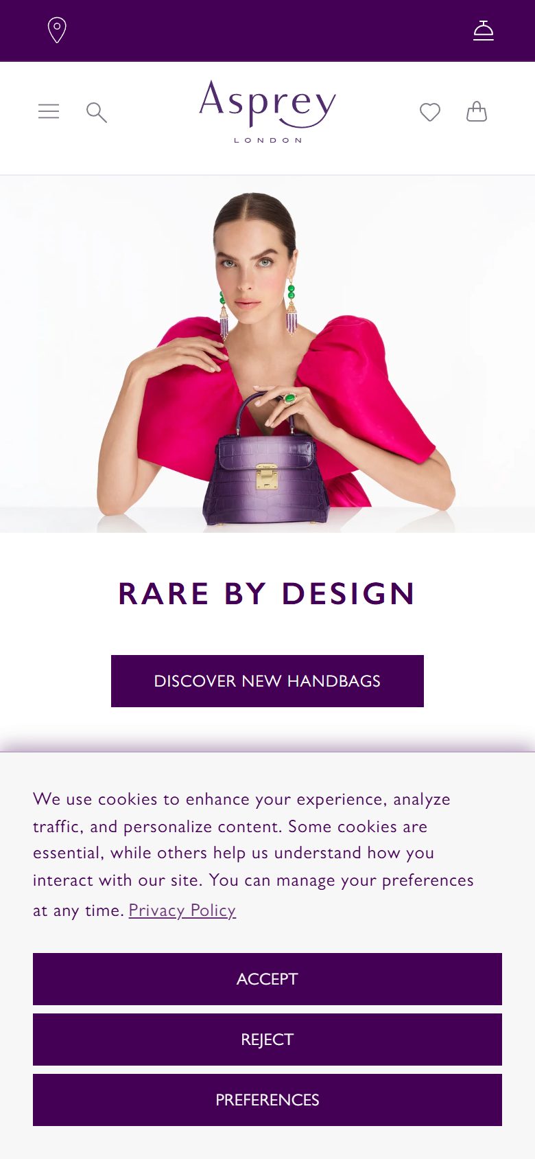 Asprey homepage on mobile, Shopify luxury jewelry storefront captured at 390 x 844