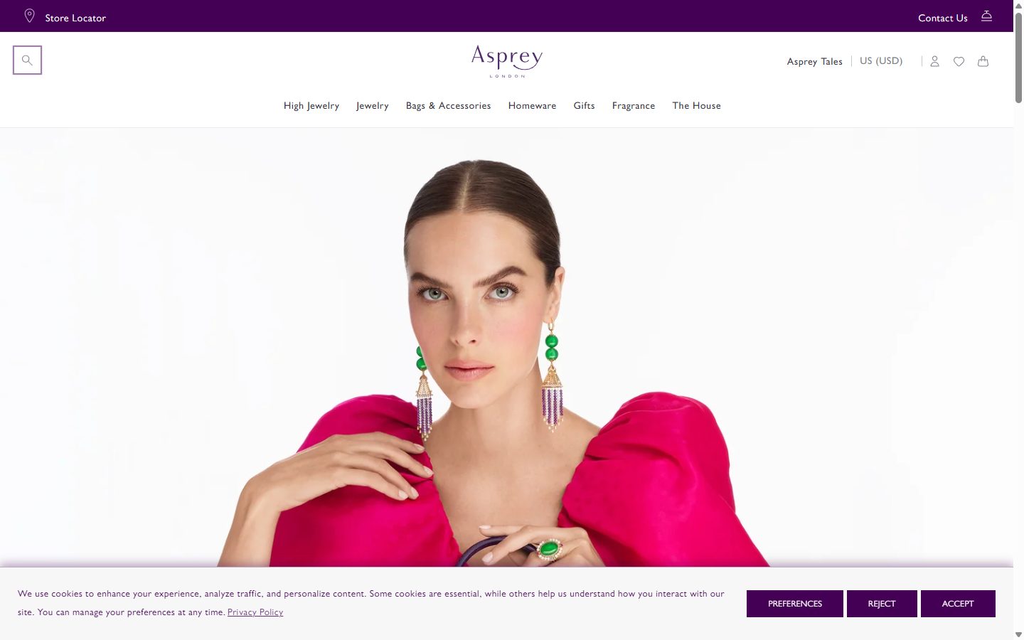 Asprey homepage on desktop, Shopify luxury jewelry storefront captured at 1440 x 900