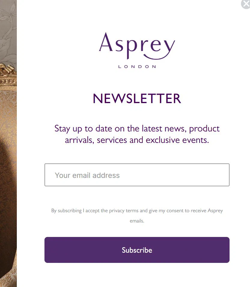 Asprey email sign up popup, centred centre