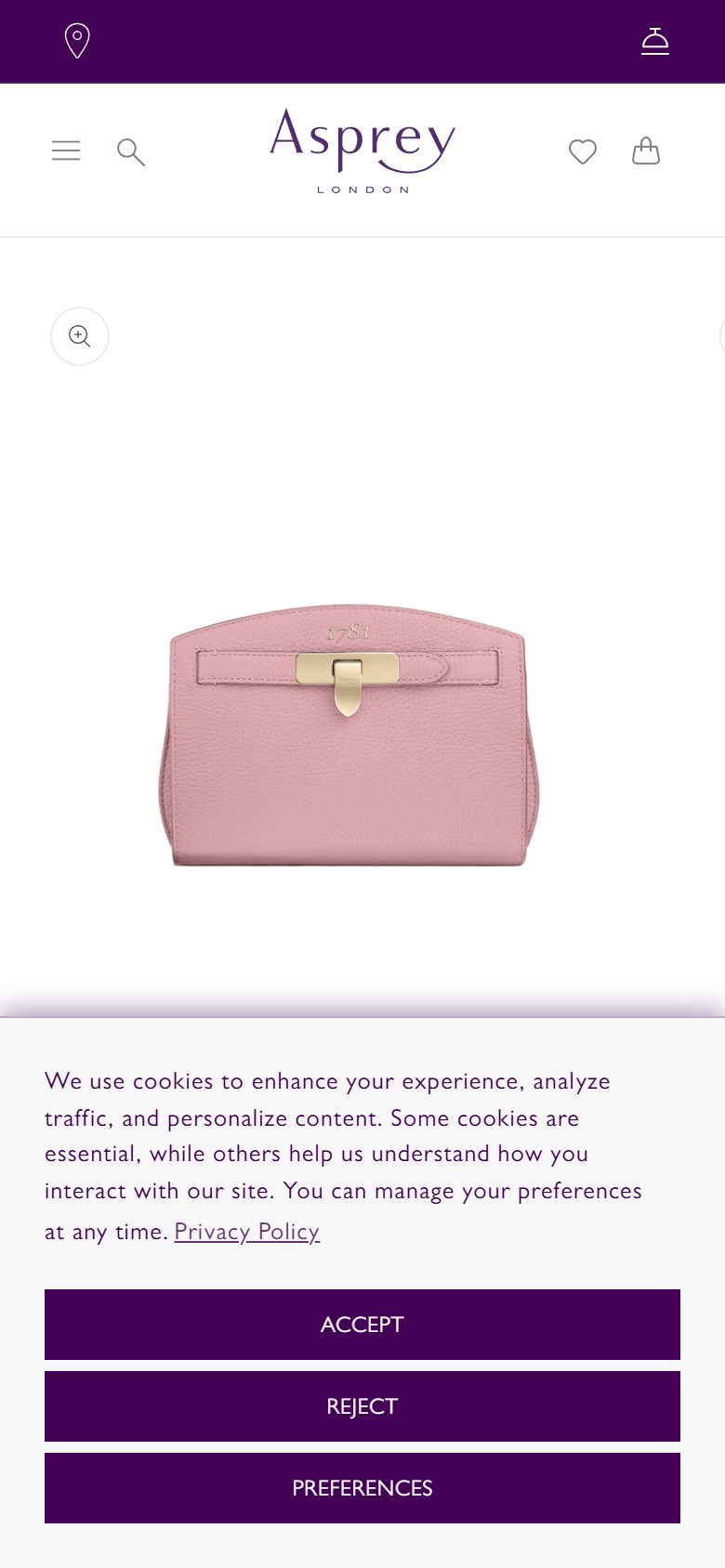 Asprey product page on mobile, Shopify luxury jewelry storefront captured at 390 x 844
