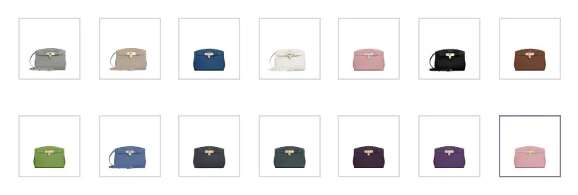 Asprey color selector photographed on its product page, 14 square swatches