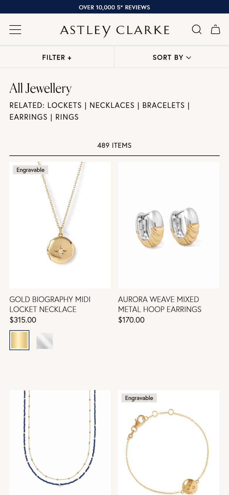 Astley Clarke collection: all jewellery on mobile, Shopify luxury jewelry storefront captured at 390 x 844