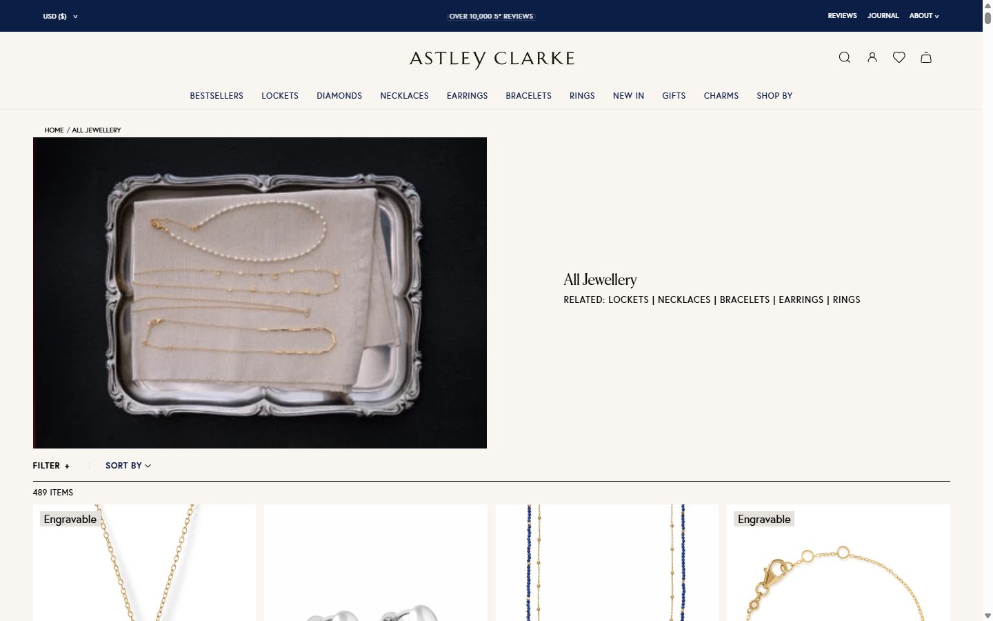 Astley Clarke collection: all jewellery on desktop, Shopify luxury jewelry storefront captured at 1440 x 900