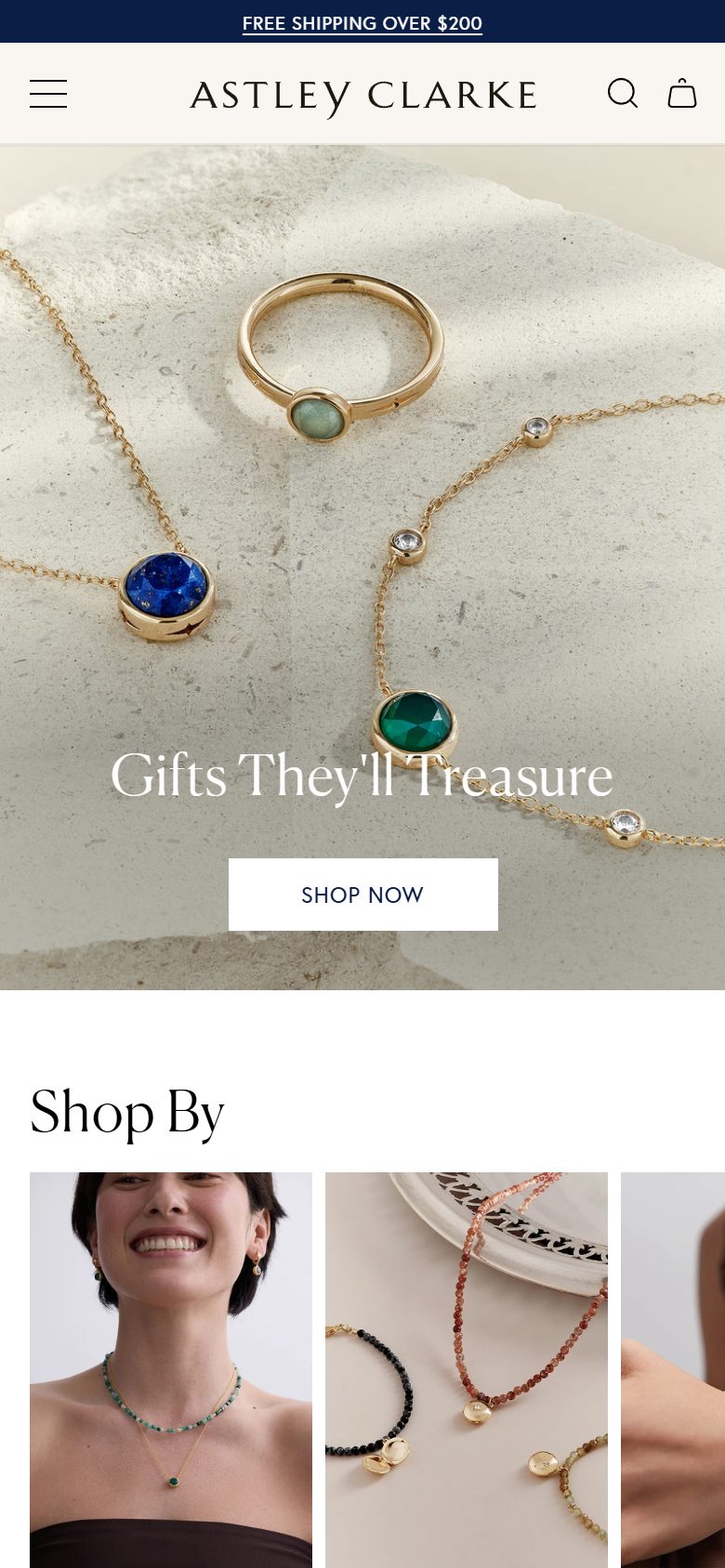 Astley Clarke homepage on mobile, Shopify luxury jewelry storefront captured at 390 x 844