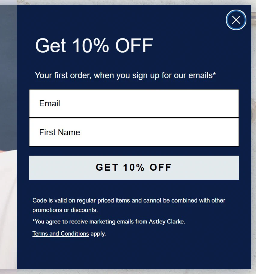 Astley Clarke email sign up popup, centred centre, offering 10% off