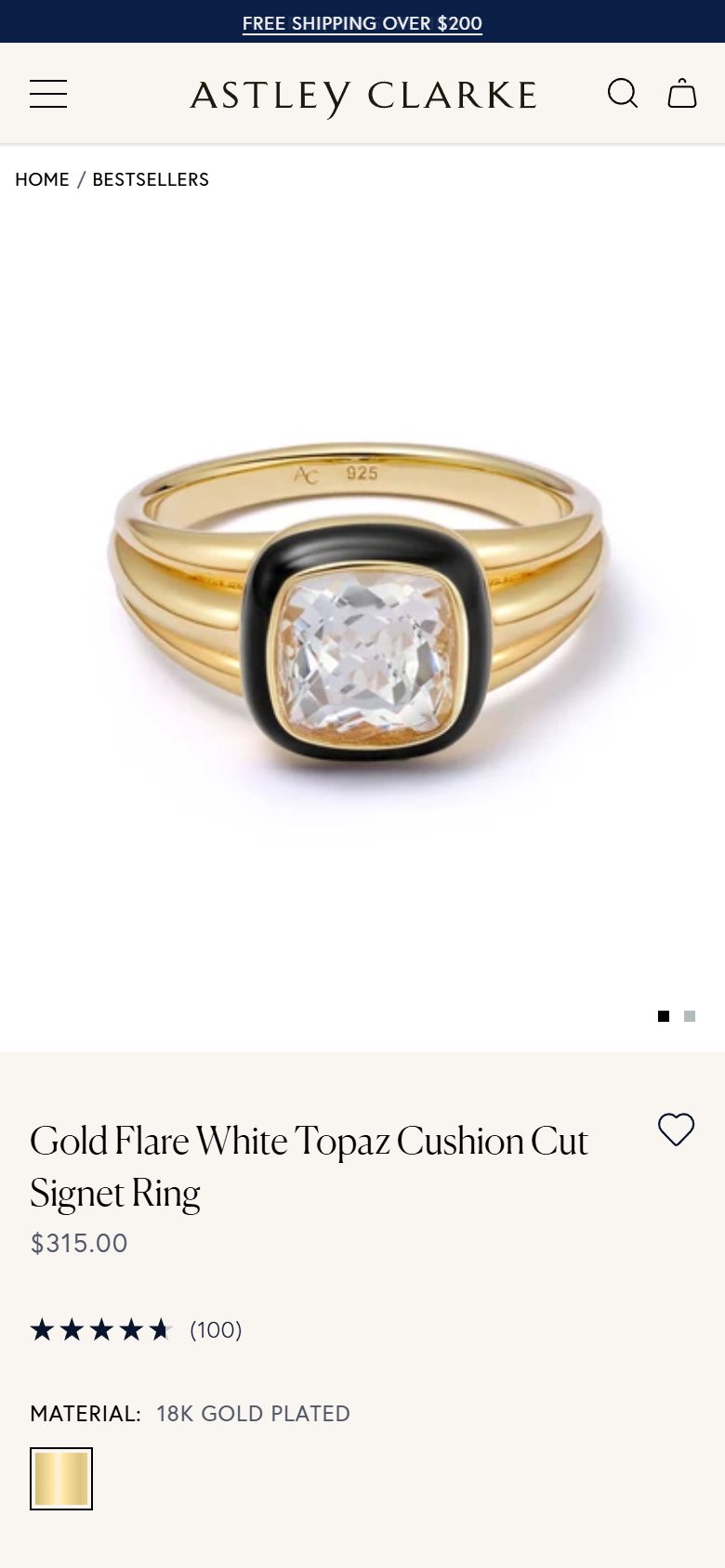 Astley Clarke product page on mobile, Shopify luxury jewelry storefront captured at 390 x 844