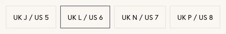 Astley Clarke size selector photographed on its product page, 4 values as a span cells
