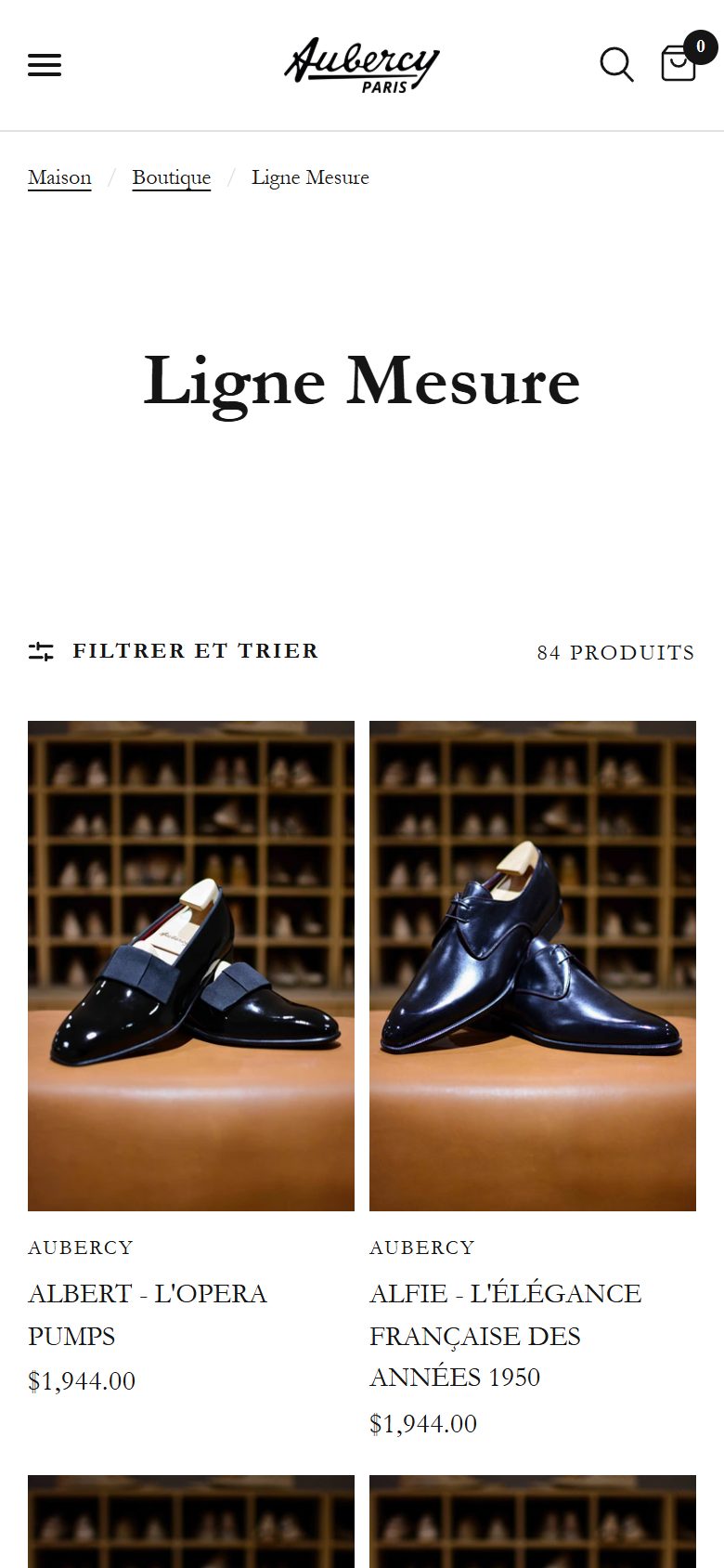 Aubercy collection: ligne mesure on mobile, Shopify luxury footwear storefront captured at 390 x 844