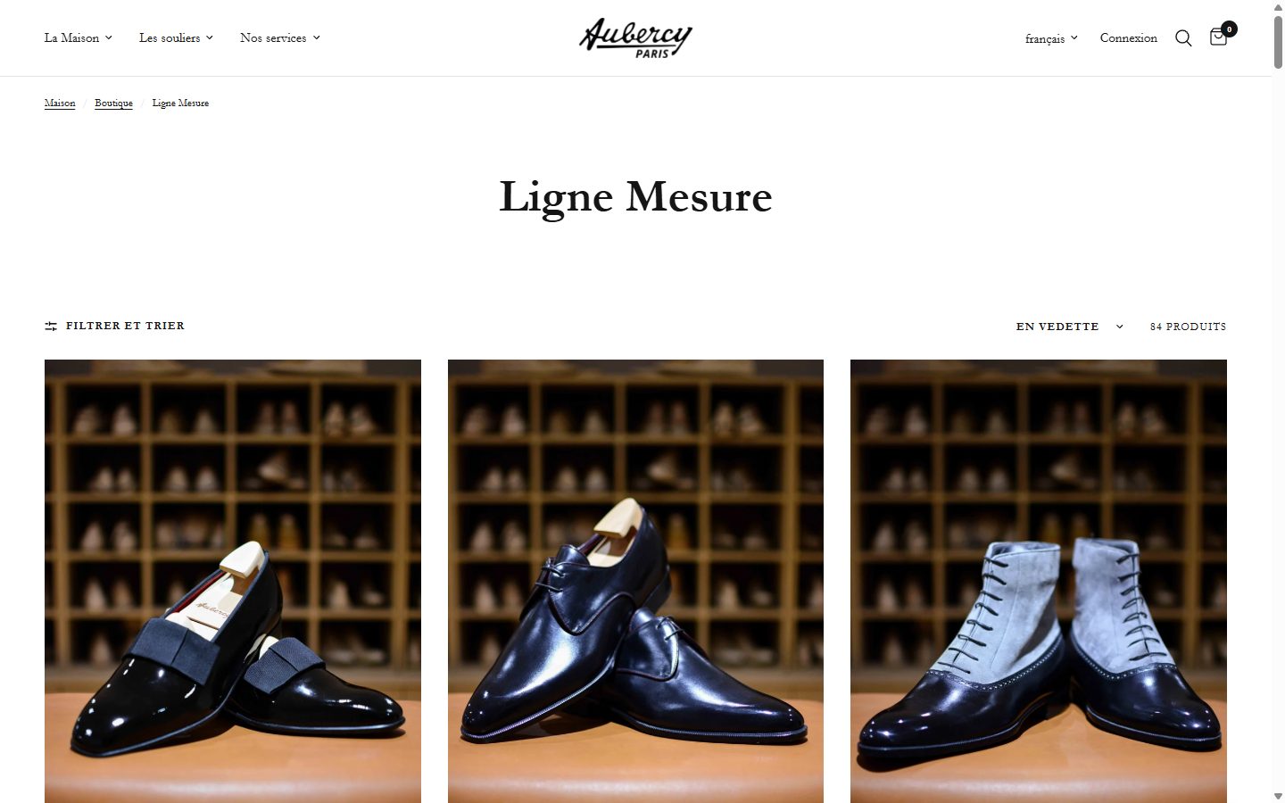 Aubercy collection: ligne mesure on desktop, Shopify luxury footwear storefront captured at 1440 x 900