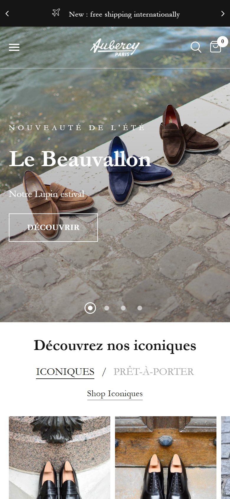 Aubercy homepage on mobile, Shopify luxury footwear storefront captured at 390 x 844