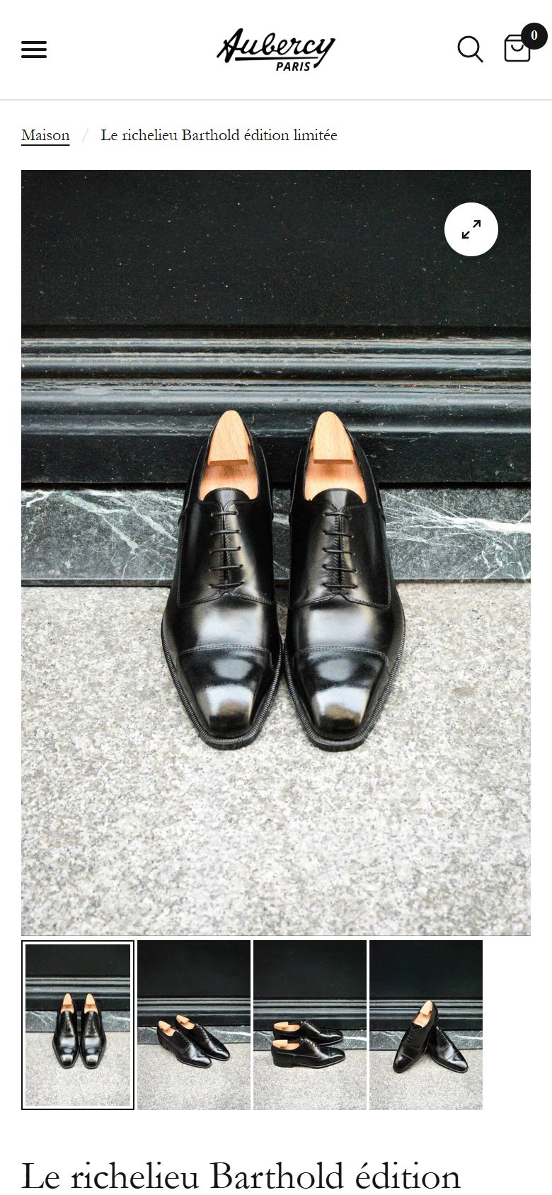 Aubercy product page on mobile, Shopify luxury footwear storefront captured at 390 x 844