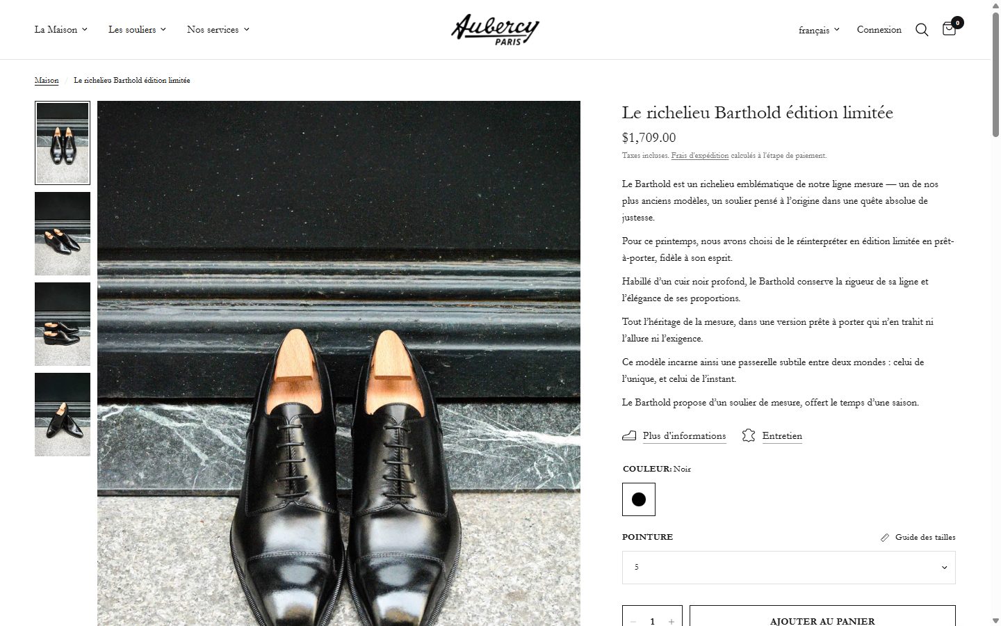 Aubercy product page on desktop, Shopify luxury footwear storefront captured at 1440 x 900