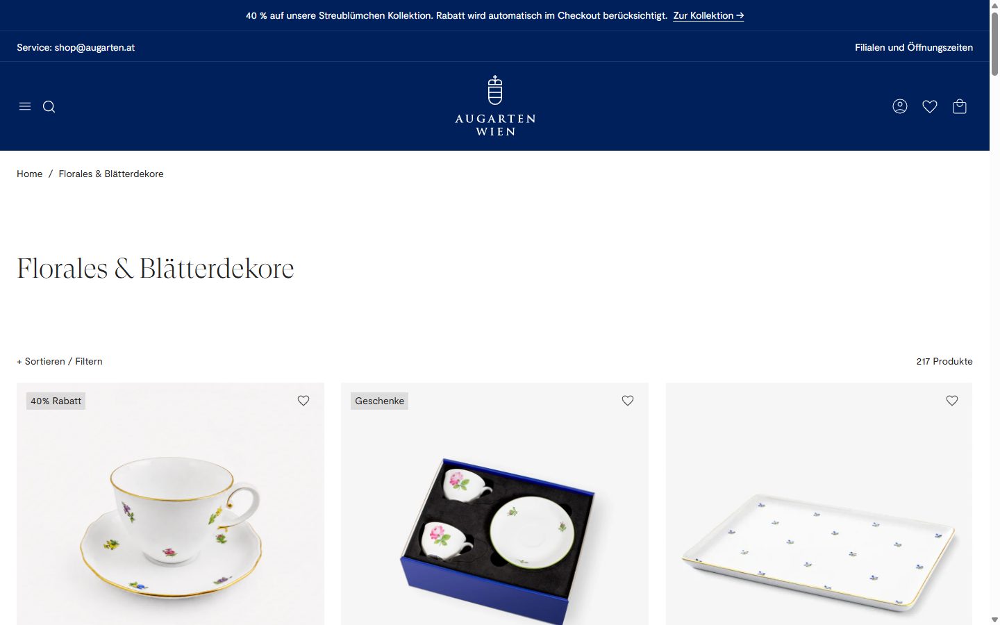 Augarten collection: florales & blätterdekore on desktop, Shopify luxury home and design storefront captured at 1440 x 900