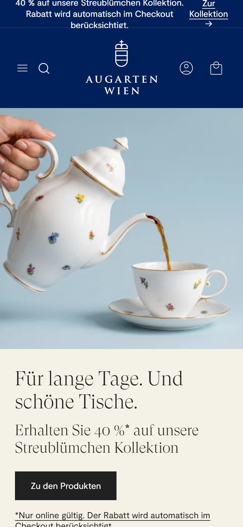 Augarten homepage on mobile, Shopify luxury home and design storefront captured at 390 x 844