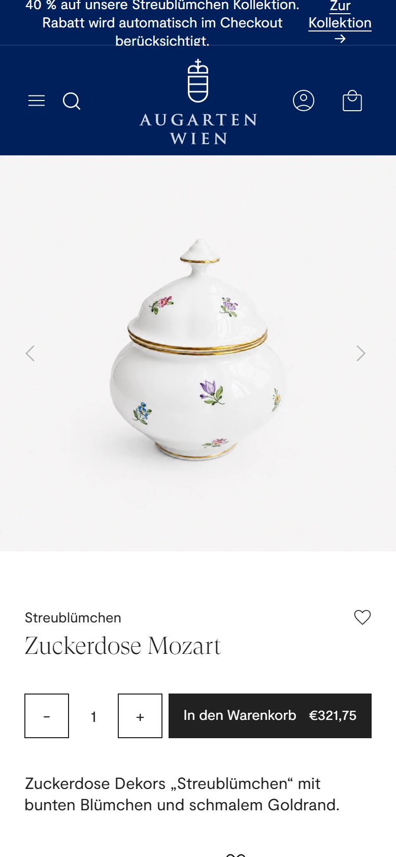 Augarten product page on mobile, Shopify luxury home and design storefront captured at 390 x 844