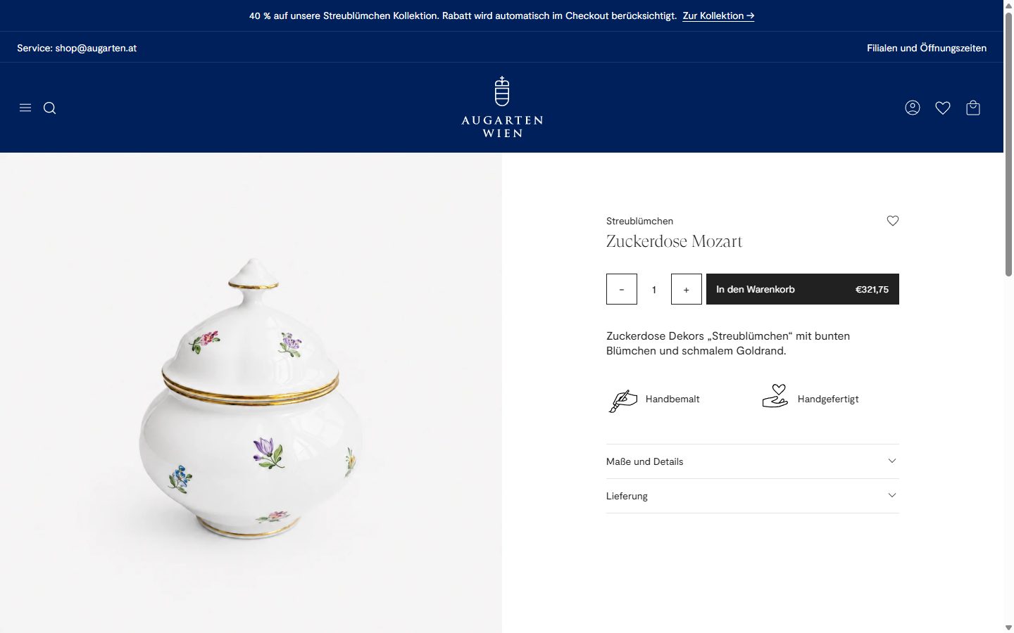 Augarten product page on desktop, Shopify luxury home and design storefront captured at 1440 x 900