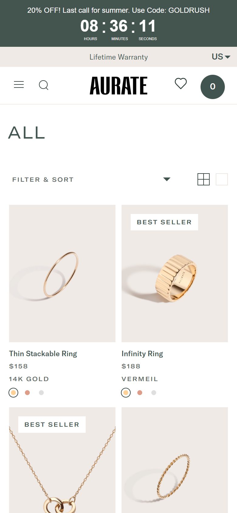 Aurate collection: all on mobile, Shopify luxury jewelry storefront captured at 390 x 844