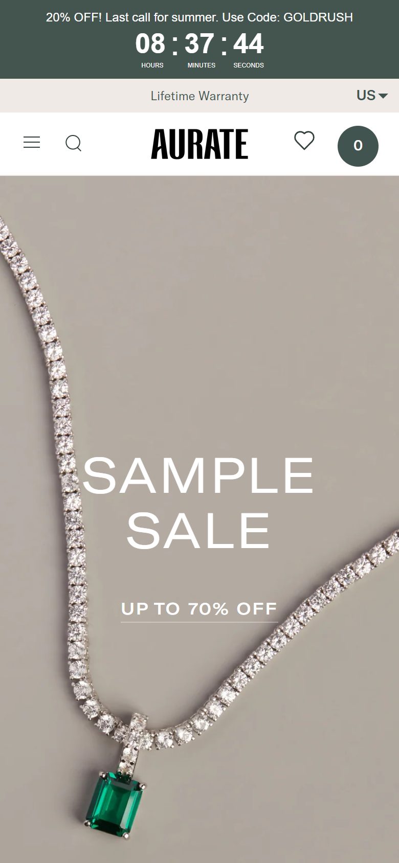 Aurate homepage on mobile, Shopify luxury jewelry storefront captured at 390 x 844