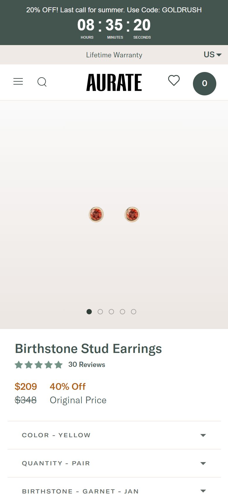 Aurate product page on mobile, Shopify luxury jewelry storefront captured at 390 x 844