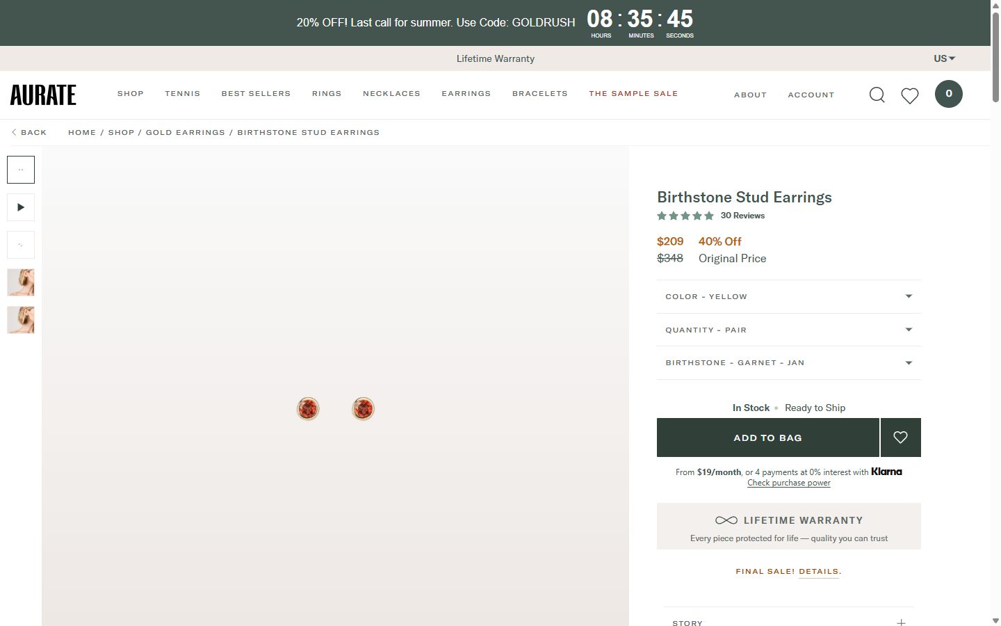 Aurate product page on desktop, Shopify luxury jewelry storefront captured at 1440 x 900