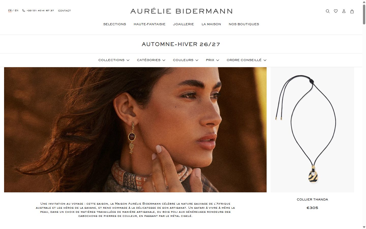 Aurelie Bidermann collection: automne-hiver 26/27 on desktop, Shopify luxury jewelry storefront captured at 1440 x 900