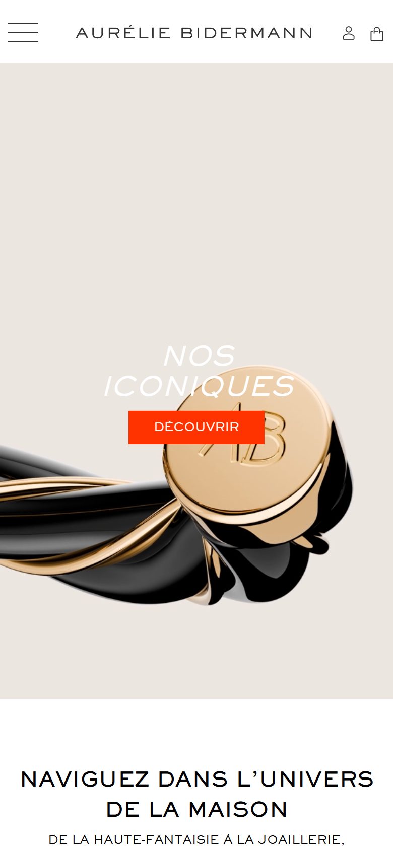 Aurelie Bidermann homepage on mobile, Shopify luxury jewelry storefront captured at 390 x 844