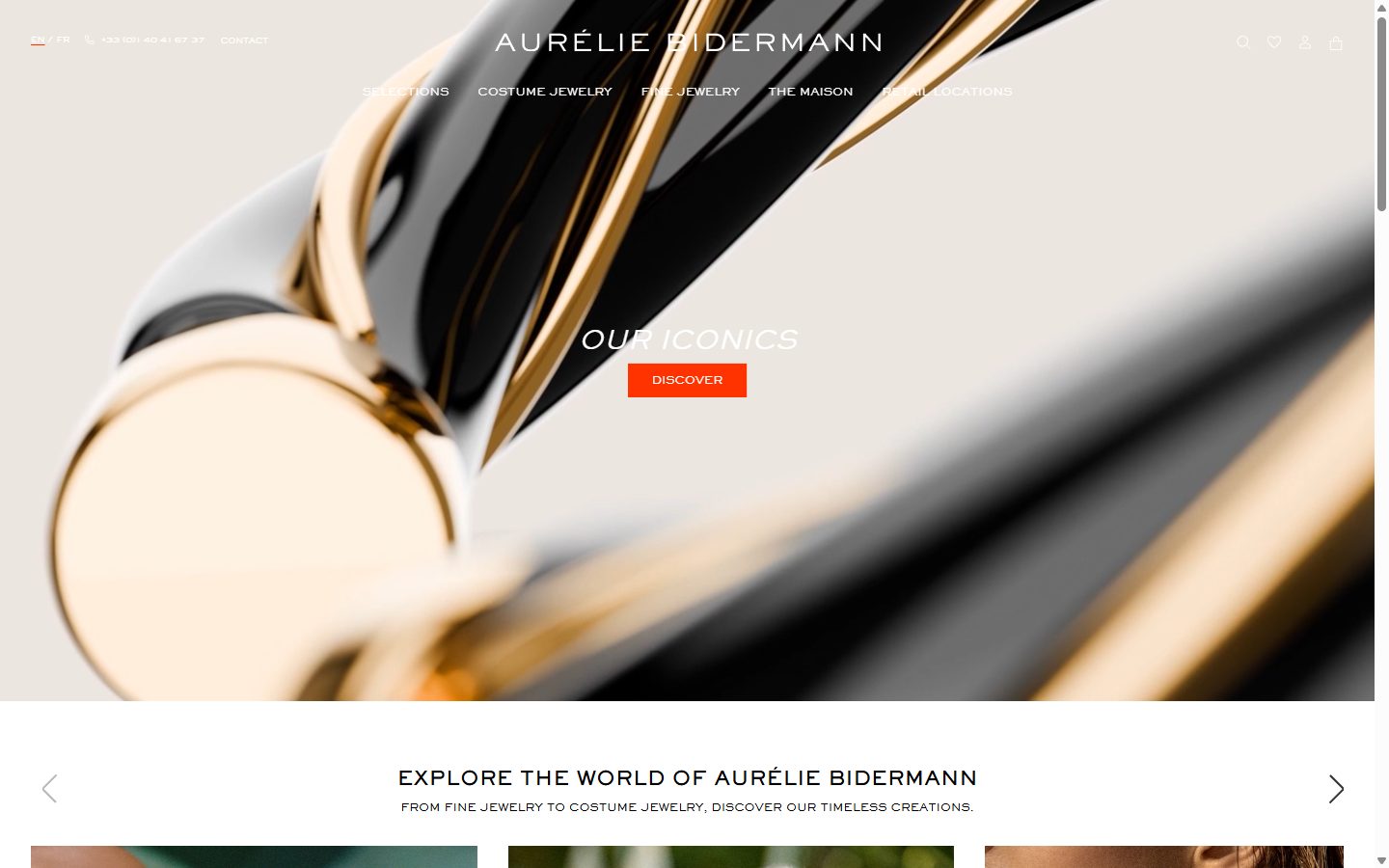 Aurelie Bidermann homepage on desktop, Shopify luxury jewelry storefront captured at 1440 x 900